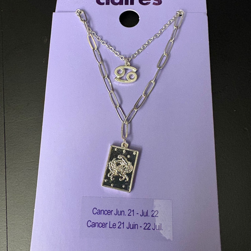 NWT Claires Silver Cancer Zodiac Layered Set of 2 Necklaces July June Gift‎